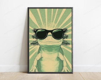 Cooler Axolotl Sonnenbrillen Print | Retro Pop Art Wanddekor | Minimalistische Tier Illustration
