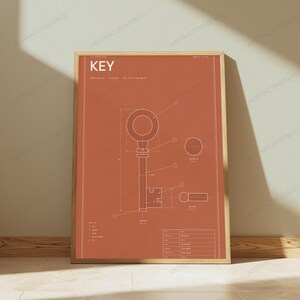 Vintage Key Technical Blueprint Print | Minimalist Steampunk Wall Art | Retro Industrial Decor image 5