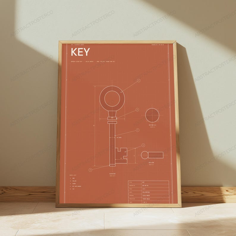 Vintage Key Technical Blueprint Print | Minimalist Steampunk Wall Art | Retro Industrial Decor image 5