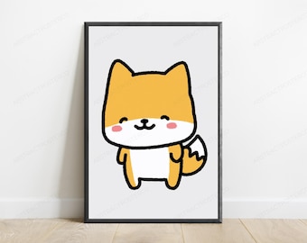 Cute Smiling Fox Pop Art Print | Kawaii Animal Wall Art | Minimalist Home Decor | Digital Download A3 A2 A1