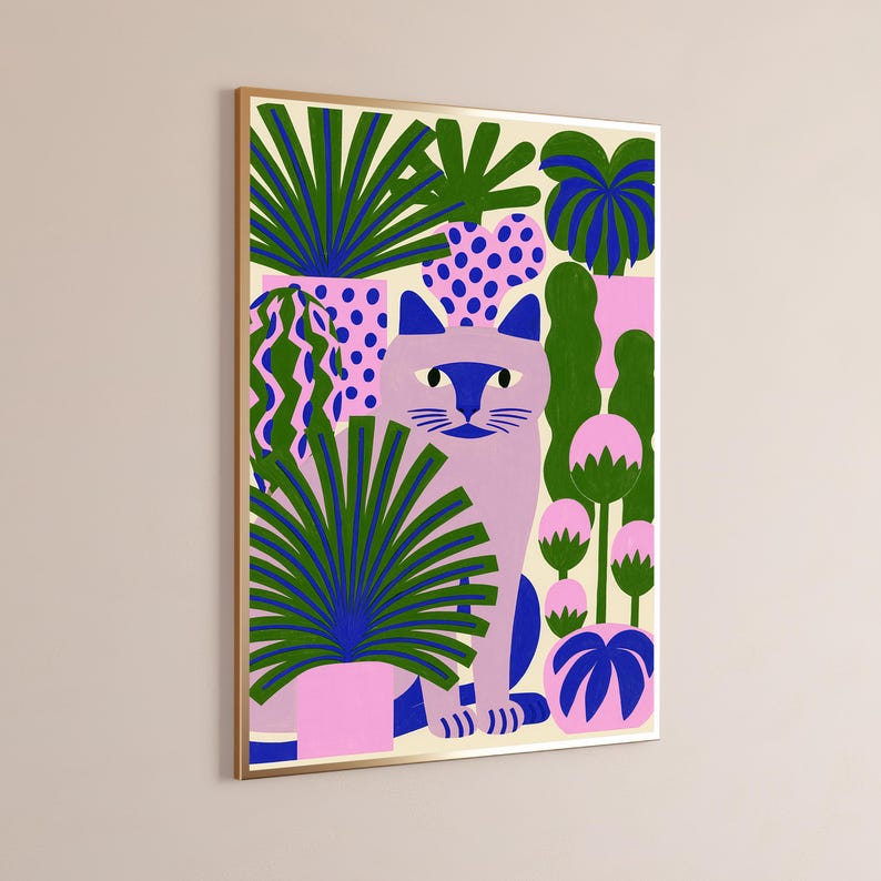 May include: A framed rectangular wall art print featuring a light purple cat sitting among various potted plants. The plants have green and blue leaves, and the pots are pink with blue polka dots or solid pink. The background is a cream color.
