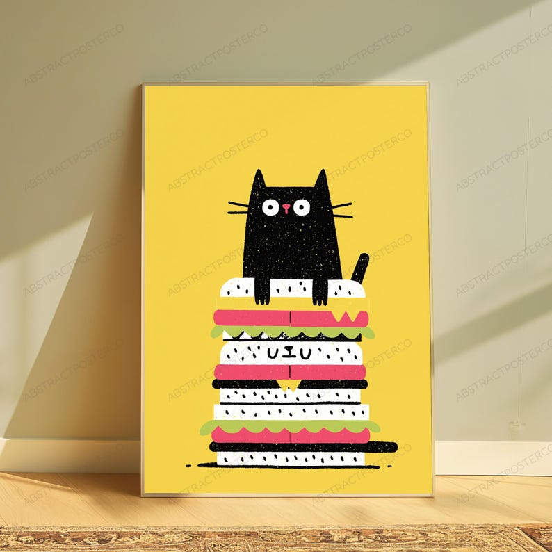 May include: A vertical rectangular art print on a bright yellow background featuring a black cat with wide eyes sitting atop a tall, multi-layered sandwich. The sandwich consists of white bread slices with black speckles, pink meat, and green lettuce layers.