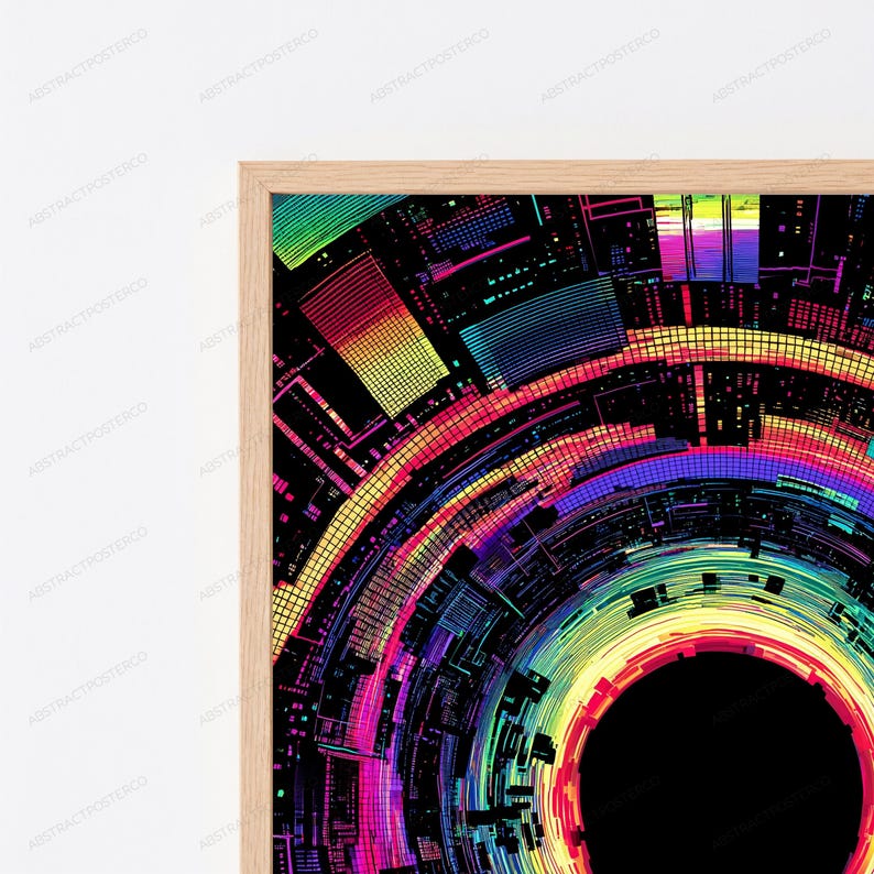Puede incluir: Una impresi&oacute;n de arte mural enmarcada que presenta un dise&ntilde;o digital abstracto y circular con colores ne&oacute;n vibrantes, incluyendo amarillo, rosa, azul y verde. La composici&oacute;n consta de anillos conc&eacute;ntricos y patrones geom&eacute;tricos que irradian desde un centro negro.