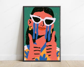Cool Woman Sunglasses Pop Art Print | Minimalist Portrait Wall Art | Retro Home Decor | Digital Download A3 A2 A1