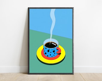 Stampa Pop Art di una tazza di caffè fumante / Decorazione murale minimalista e colorata per la cucina / Arredamento moderno per la casa / Download digitale A3 A2 A1