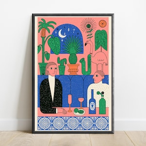 May include: A framed art print featuring a colorful illustration of two people sitting at a table. The scene includes potted plants, a flamingo, a saxophone, a crescent moon, and a blue tiled border. The figures are set against a pink background.