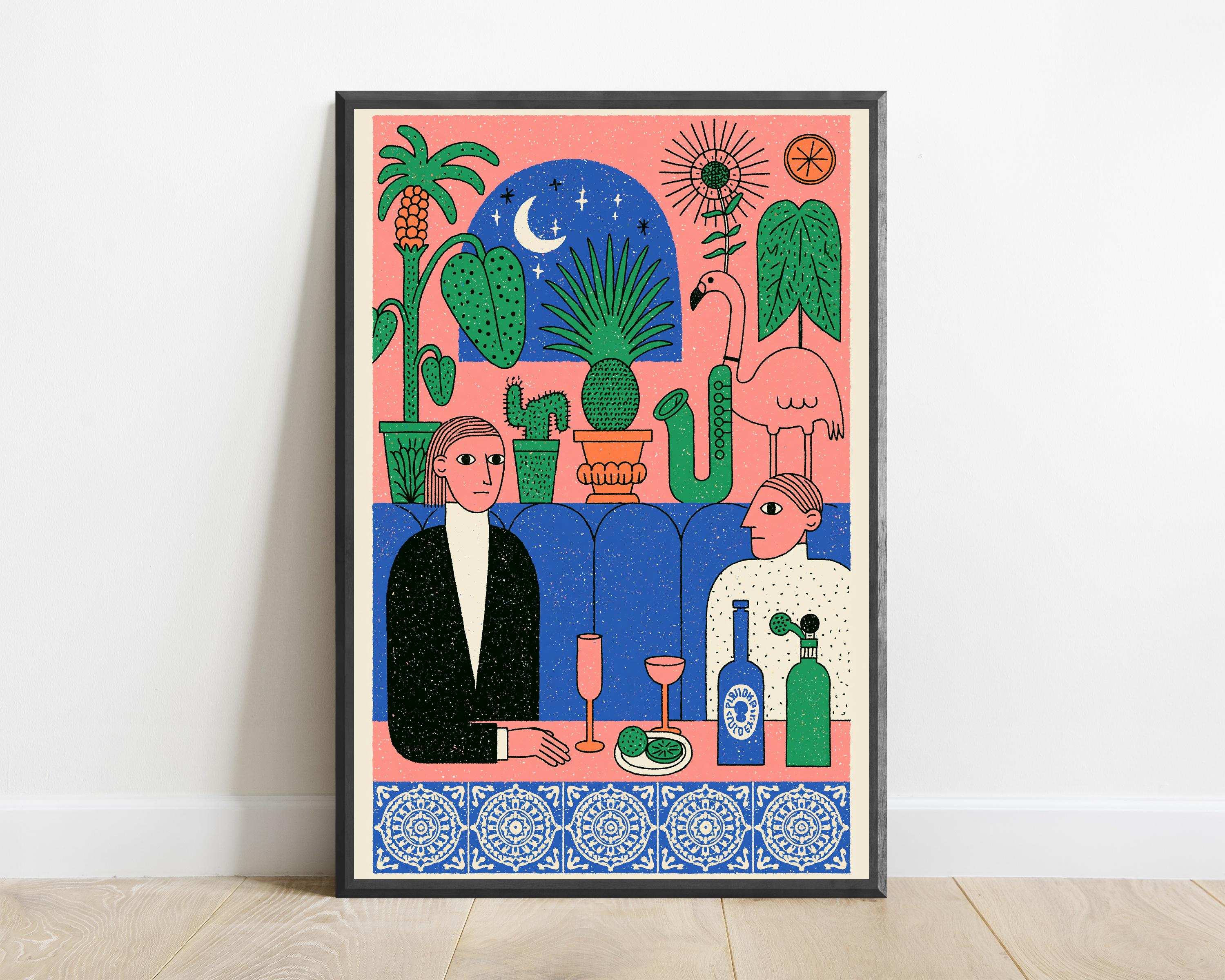 Retrato de plantas maximalista retro / Arte mural de pareja bohemia / Decoración botánica nocturna / Descarga digital A3 A2 A1