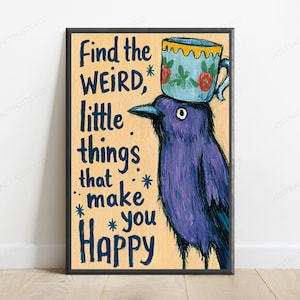 Purple Bird with Teacup Hat Wall Art | Quirky Minimalist Print | Funny Animal Illustration | Digital Download A3 A2 A1 afbeelding 1