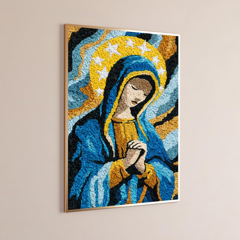 May include: A textured fibre art wall hanging depicting a figure with closed eyes and clasped hands, wearing a blue and gold head covering. A yellow halo with white stars surrounds the head, set against a swirling background of black, blue, and gold.