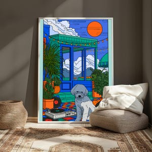 May include: A framed art print featuring a stylized illustration of a gray and white dog sitting on a colorful tiled patio. The scene includes a DJ turntable, potted plants, a blue building structure, string lights, and a bright orange sun.