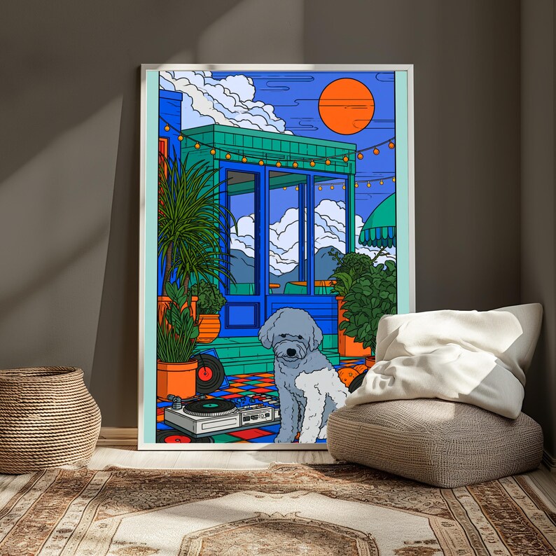 May include: A framed art print featuring a stylized illustration of a gray and white dog sitting on a colorful tiled patio. The scene includes a DJ turntable, potted plants, a blue building structure, string lights, and a bright orange sun.