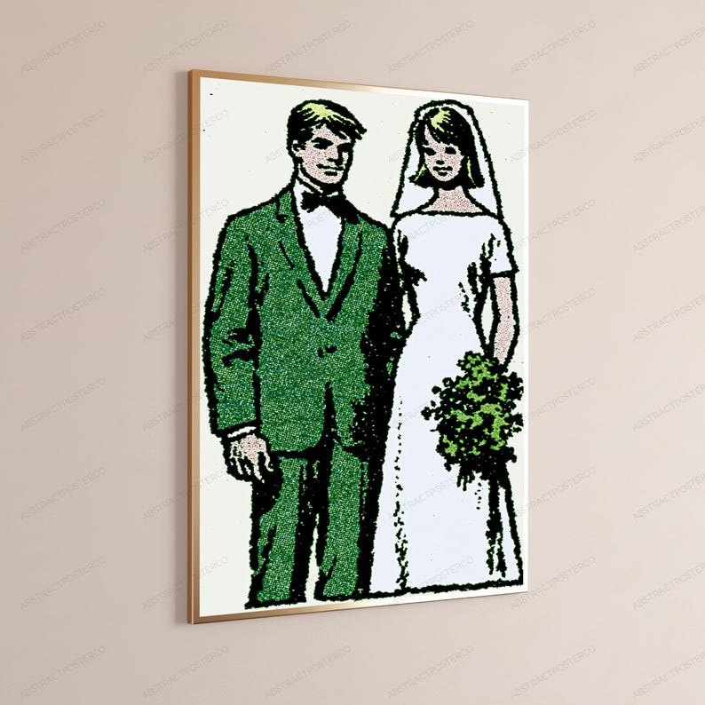 May include: A framed wall art print featuring a stylized illustration of a couple in wedding attire. The figure on the left wears a green suit with a black bowtie, while the figure on the right wears a white dress, veil, and holds a green bouquet.