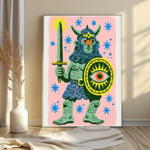 Mystical Demon Warrior with Sword Shield Pop Art Print | Colorful Fantasy Wall Art | Maximalist Home Decor | Digital Download A3 A2 A1 image 5