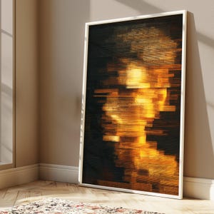 May include: A rectangular framed wall art piece featuring a vertical abstract composition. The artwork displays a high-contrast design with horizontal streaks of bright yellow and orange light emerging from a deep black background, creating a digital glitch effect.
