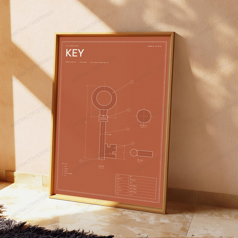 Vintage Key Technical Blueprint Print | Minimalist Steampunk Wall Art | Retro Industrial Decor image 4