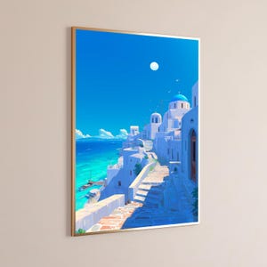 May include: A framed vertical art print depicting a coastal Mediterranean village with white buildings, blue domes, and stone staircases leading down to a turquoise sea under a bright blue sky with a white moon and small birds flying in the distance.