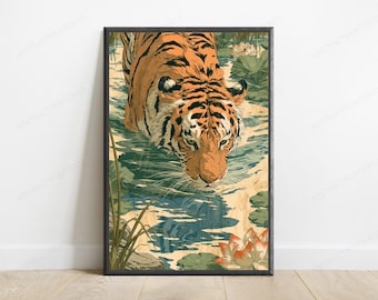 Tiger in Water Lotus Pond Art Print | Wildlife Nature Wall Art | Minimalist Animal Decor | Digital Download A3 A2 A1