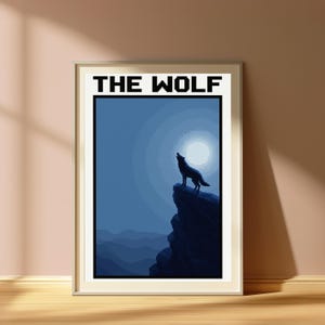 Wolf Howling at Moon Cliff Pixel Art Print | Minimalist Night Sky Wall Art | Wildlife Home Decor | Digital Download A3 A2 A1 image 2