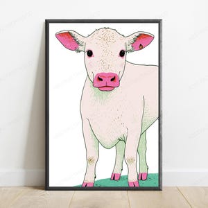 Impression pop art vache rose | Art mural animal original | Décoration minimaliste colorée | Téléchargement numérique A3 A2 A1 image 1