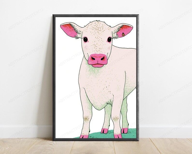 Impression pop art vache rose | Art mural animal original | Décoration minimaliste colorée | Téléchargement numérique A3 A2 A1 image 1