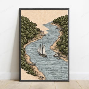 Pu&ograve; includere: Una stampa artistica incorniciata che presenta un'illustrazione dettagliata di una barca a vela che naviga lungo un fiume tortuoso. La scena include fitte foreste verdi che costeggiano le rive sabbiose, con uno sfondo color sabbia e una cornice scura.