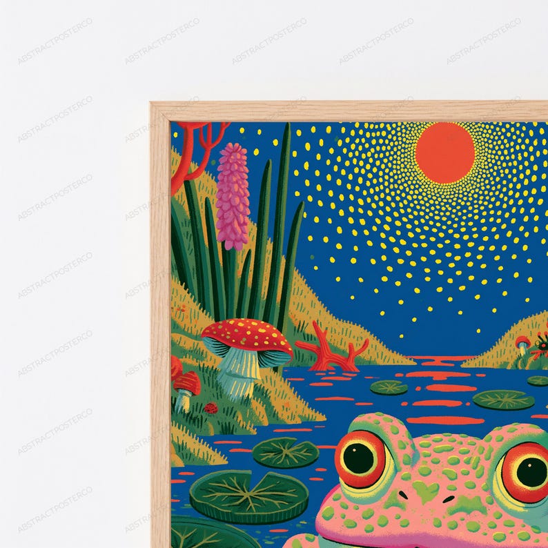 May include: A framed art print featuring a pink frog with large eyes in the foreground, overlooking a blue pond with lily pads. The landscape includes a red sun, a red-capped mushroom, and a tall pink flower against a dark blue sky.