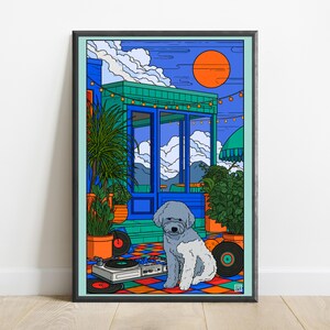 May include: A framed digital illustration featuring a grey and white dog sitting on a colorful checkered floor. The scene includes a DJ turntable, vinyl records, potted plants, and a blue structure under a bright orange sun and blue sky.