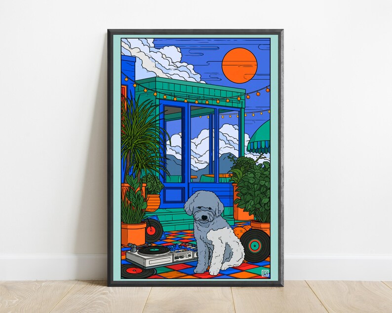 May include: A framed digital illustration featuring a grey and white dog sitting on a colorful checkered floor. The scene includes a DJ turntable, vinyl records, potted plants, and a blue structure under a bright orange sun and blue sky.
