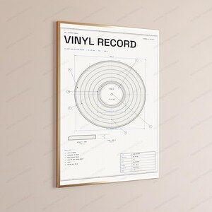 Technische tekening van een vinylplaat | Retro muziekstudio muurdecoratie | Minimalistische designposter afbeelding 3