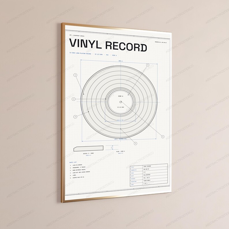 Technische tekening van een vinylplaat | Retro muziekstudio muurdecoratie | Minimalistische designposter afbeelding 3