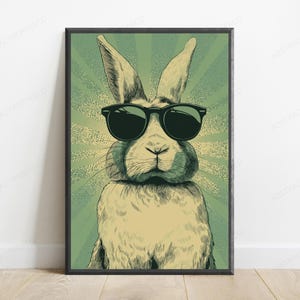 May include: A framed wall art print featuring a stylized illustration of a rabbit wearing black sunglasses. The rabbit is centered against a green background with a radiating sunburst pattern. The artwork uses a muted color palette with dark lines.