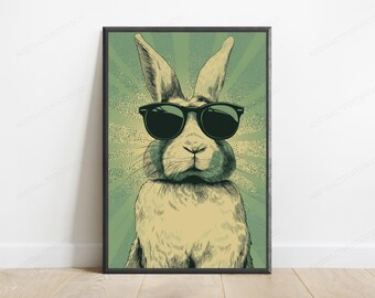 Impression d'art de lunettes de soleil cool lapin | Pop art animalier rétro | Décoration murale minimaliste | Téléchargement numérique A3 A2 A1