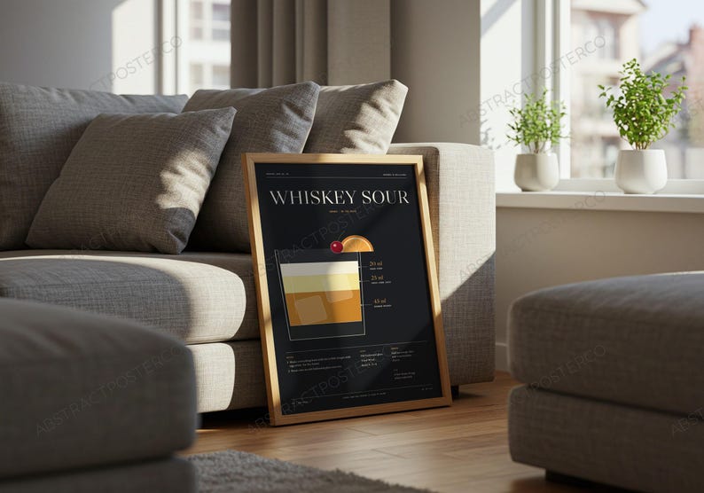 Whiskey Sour Cocktail Recipe Print shown in a living room
