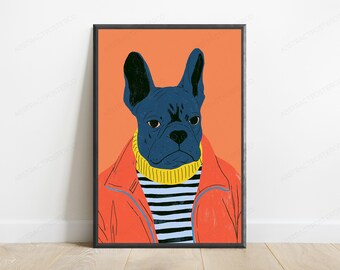 Cool Blue French Bulldog Pop Art Print | Fashionable Dog Wall Art | Minimalist Pet Portrait | Digital Download A3 A2 A1
