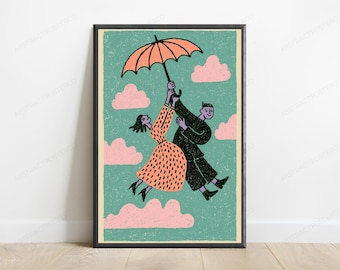 Couple Flying with Umbrella Pop Art Print | Whimsical Romance Wall Art | Playful Home Decor | Digital Download A3 A2 A1