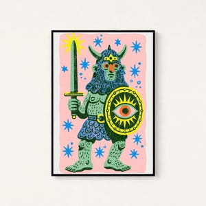 Mystical Demon Warrior with Sword Shield Pop Art Print | Colorful Fantasy Wall Art | Maximalist Home Decor | Digital Download A3 A2 A1 image 1