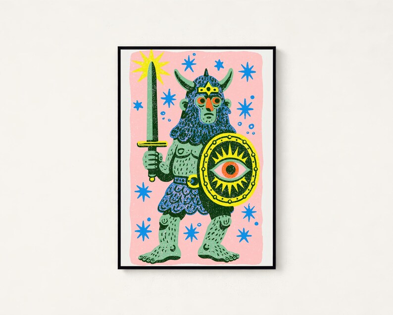 Mystical Demon Warrior with Sword Shield Pop Art Print | Colorful Fantasy Wall Art | Maximalist Home Decor | Digital Download A3 A2 A1 image 1