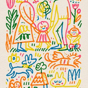 May include: A colorful line art illustration featuring a family of four standing together in a garden setting with a sun, rainbow, and flowers. Below them are two dogs, a small house, and a cat, all rendered in vibrant neon-colored crayon strokes.