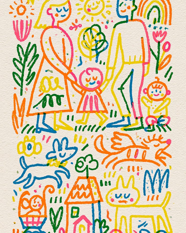 May include: A colorful line art illustration featuring a family of four standing together in a garden setting with a sun, rainbow, and flowers. Below them are two dogs, a small house, and a cat, all rendered in vibrant neon-colored crayon strokes.