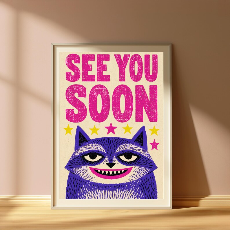 See You Soon Grinning Cat Pop Art Print | Playful Blue Cat Wall Art | Fun Minimalist Home Decor | Digital Download A3 A2 A1 image 4