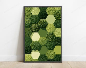 Hexagonal Botanical Garden Wall Art | Textured Foliage Print | Nature Decor