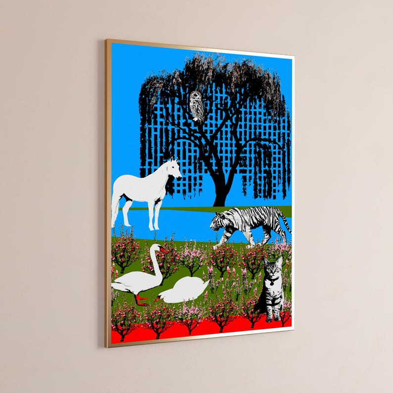 May include: A framed wall art print featuring a bright blue sky, a black silhouette of a willow tree with an owl, a white horse, a tiger, a white swan, a white bird, and a cat, all set against a field of pink flowers and a solid red base.