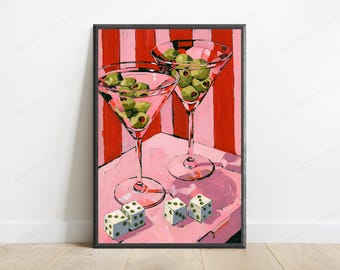 Affiche pop art « Dés et olives Martini » | Décoration murale pour cocktails | Décoration bar amusante | Téléchargement numérique A3, A2, A1