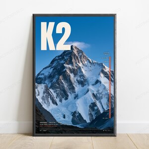 K2 Mountain Elevation Print | Karakoram Peak Wall Art | Geography Travel Poster