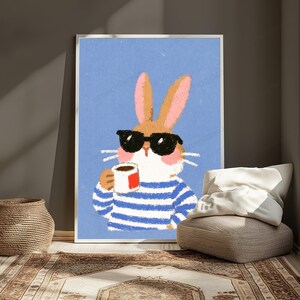 Cool Rabbit Sunglasses Coffee Pop Art Print | Stylish Bunny Wall Art | Minimalist Animal Decor | Digital Download A3 A2 A1 image 4