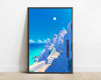 Santorini Anime Art Print | Japanese Greek Island Poster (Digital Download)