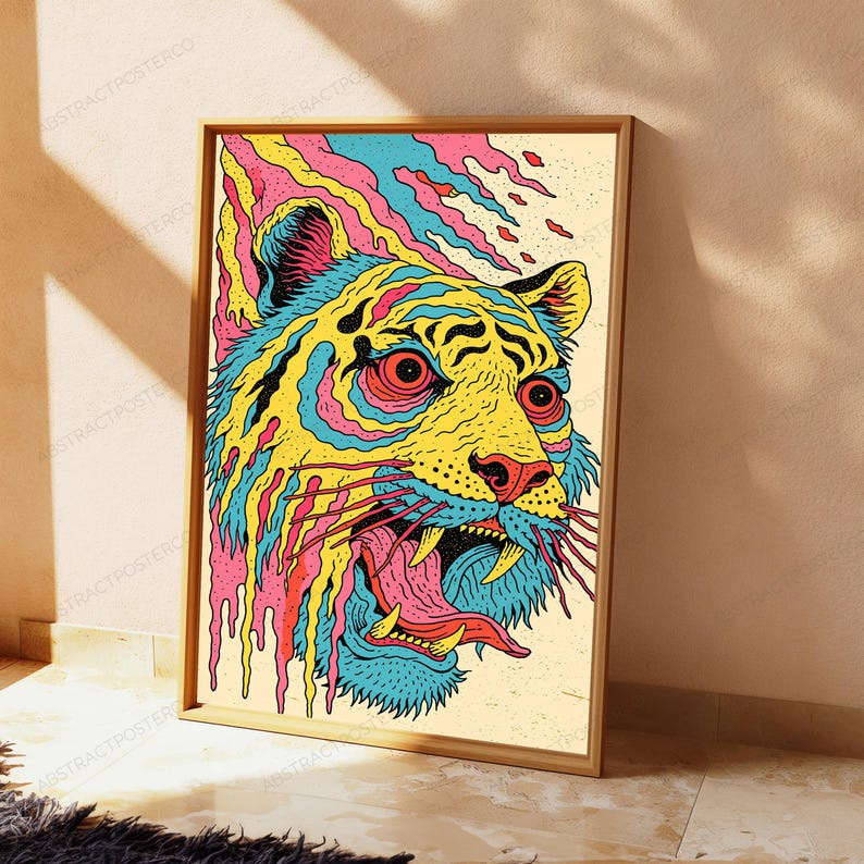 Neon Wildcat Pop Art Print | Psychedelic Tiger Wall Art | Vibrant Animal Illustration | Digital Download A3 A2 A1 image 5