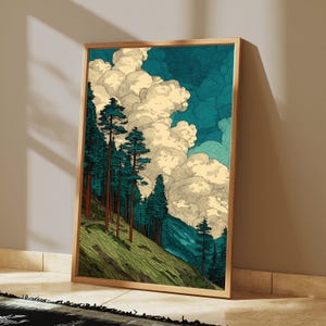 Puede incluir: Una impresi&oacute;n art&iacute;stica vertical enmarcada que muestra un paisaje con pinos altos y delgados en una colina cubierta de hierba. La escena incluye grandes nubes voluminosas de color crema sobre un cielo azul verdoso profundo.