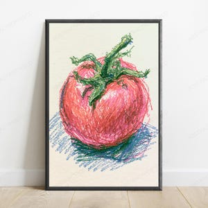 May include: A framed wall art print featuring a vibrant oil pastel drawing of a single red tomato with a green stem. The tomato is rendered with visible, textured strokes in shades of red, pink, and orange, resting on a blue shaded surface.