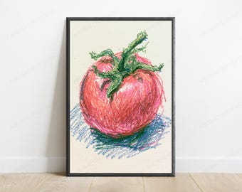 Vibrant Tomato Food Art Print | Textured Brushstrokes, Green Leaves (Digital Download)